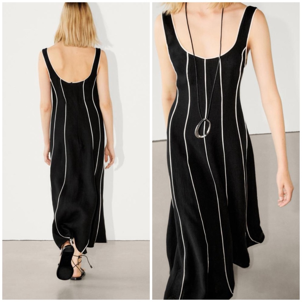 Massimo Dutti Black Maxi Dress with White Pinstripes